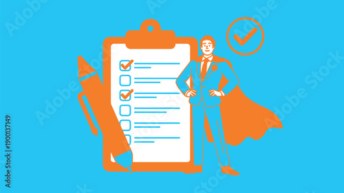 A confident businessman in a suit and cape stands proudly next to a clipboard with a checklist and a pencil.