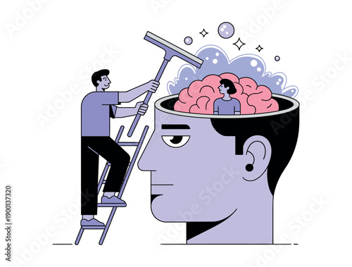 A man cleans another man's brain with a squeegee while standing on a ladder.