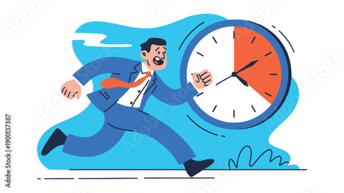 A stressed businessman rushing to meet a deadline with a giant clock looming behind him.