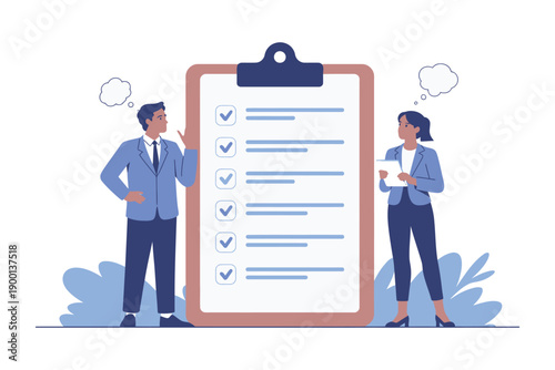 A man and woman in business attire standing next to a large clipboard with a checklist, engaged in thought and discussion.