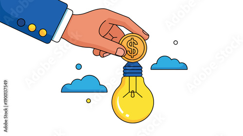 A hand putting a coin into a lightbulb with clouds in the background, symbolizing a bright business idea.
