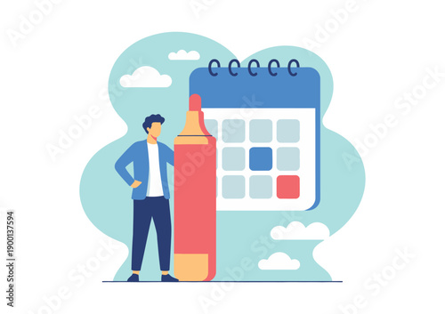 A man stands confidently next to a large calendar and pencil, planning his schedule with a thoughtful expression.