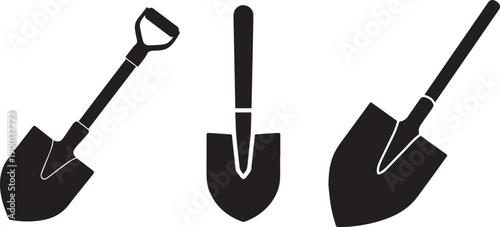 Black silhouette of a shovel isolated on white background, gardening and construction tool shadow illustration, minimal farm and industrial equipment design