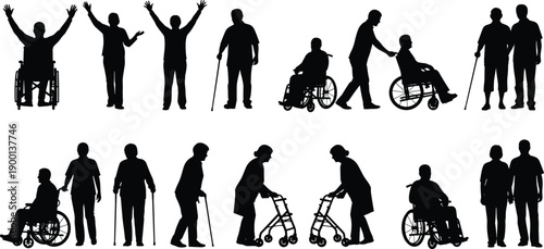 Collection of elderly and disabled people silhouettes with wheelchairs walkers canes isolated on white background for healthcare support design concepts