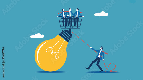 A man in a suit pulls a large lightbulb with three people in a basket on top, symbolizing innovative teamwork and creative problem solving.