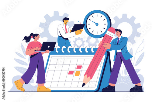 A group of business professionals working together on a large calendar with a clock and pencil.