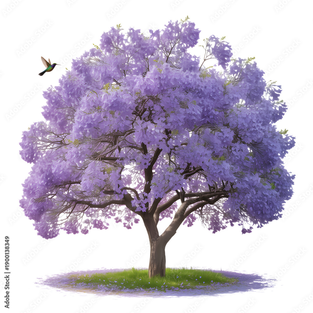 Naklejka premium Purple jacaranda tree with hummingbird on transparent background isolated blooming spring tree with violet flowers and green grass for landscape architecture and garden park design