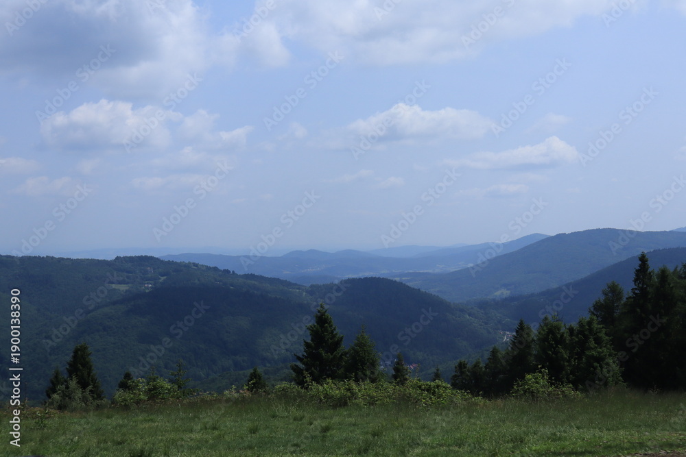 Fototapeta premium Mountain landscape with forested hills and blue sky 