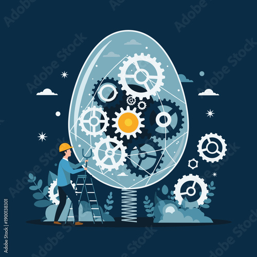 Two low-poly figures collaborate on a narrow beam to build a tall stack of colorful blocks, representing teamwork, partnership, and overcoming challenges together.