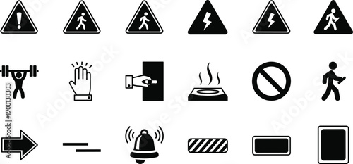 Black vector icon set of safety warning triangles hazard signs and prohibition symbols for concepts of caution security and occupational health