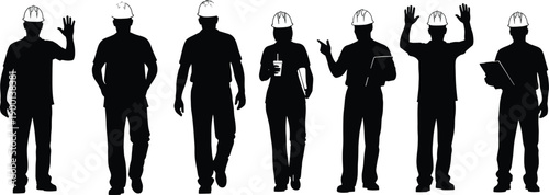 Black vector silhouette set of construction workers wearing hard hats for concepts of industrial labor engineering safety and professional building branding,