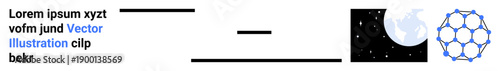 Graphic design, communication, scientific research, global connection, data visualization, technology. Includes text, black lines globe and hexagonal grid. Communication and scientific research