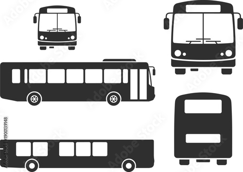 Public city bus silhouette collection showing side front and rear views isolated on white background for transport design illustration