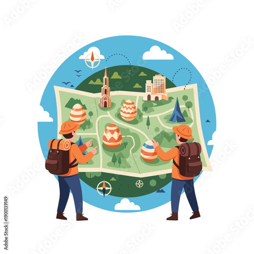 Two hikers with backpacks consult a map for an adventurous Easter egg hunt, planning their route through the landscape.