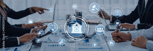 Foto A group of professionals in a business meeting focused on finance and technology, surrounded by digital icons representing analytics, law, and banking services