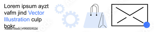 Online shopping, digital marketing, email notifications, business operations, workflow automation, settings management. Shopping bag, email icon with notification dot and gears. Online shopping