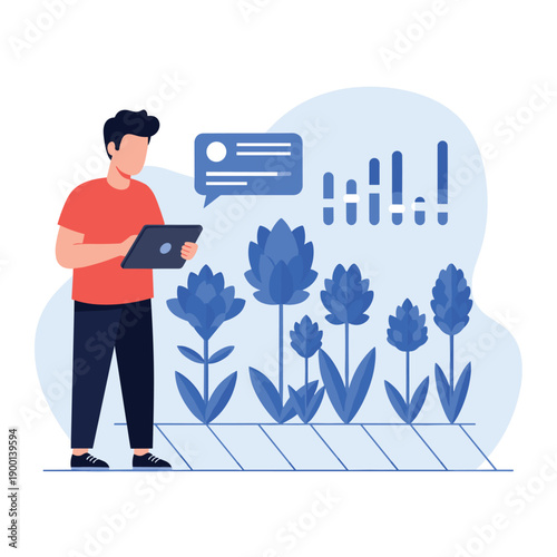 Man using a tablet for data analysis in a modern smart farm, monitoring the growth of stylized blue flowers.