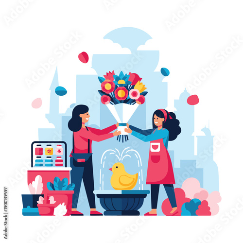 Friendly florist in an urban setting hands a beautiful bouquet of fresh flowers to a happy female customer.