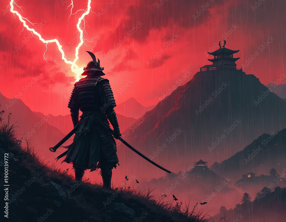 Fototapeta premium Lone samurai warrior stands on a hill with katana. Red sky with lightning illuminates a stormy battlefield. Traditional armor, mountains, and an ominous fortress are in the distance.