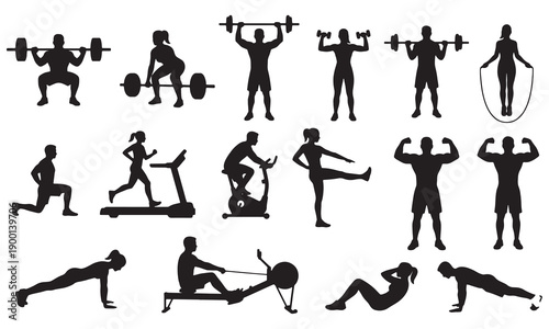 Fitness Workout People Silhouettes Gym Exercise Vector Set