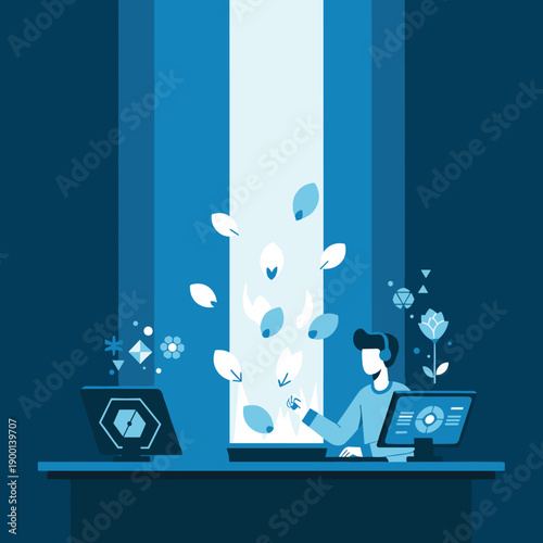 Digital artist at a desk releases glowing virtual leaves from a holographic interface, symbolizing digital creation.