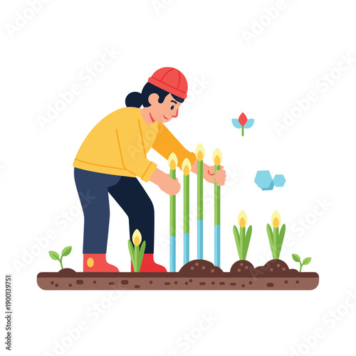 Person in a garden carefully tends to unique candle-like flowers with glowing progress bars, symbolizing growth tracking.