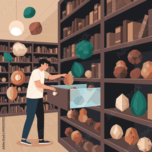 Person in a vast library or archive selecting a unique, geometric seed from a specimen drawer for preservation or study.