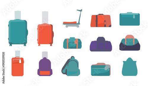 Colorful Travel Suitcase and Luggage Bag Set Flat Vacation Baggage Vector Collection
