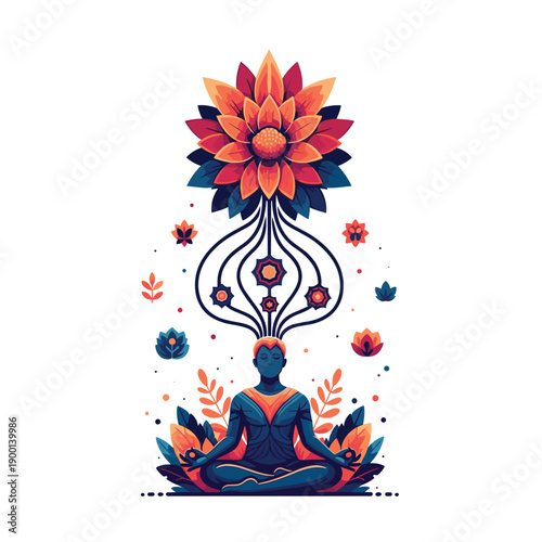 Person in a deep meditative state with a large, beautiful flower blooming from their head, symbolizing enlightenment and growth.