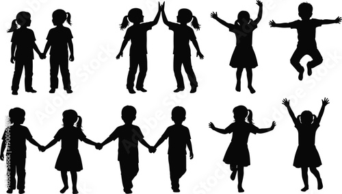 Set of happy children silhouettes playing jumping holding hands isolated on white background for education family childhood design concepts
