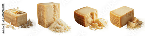 Fotografía Set of premium parmesan cheese blocks and grated flakes, realistic hard cheese c