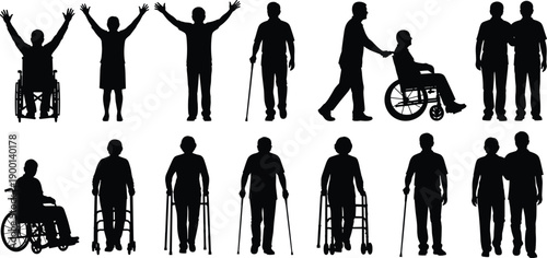 Set of elderly and disabled people silhouettes using wheelchairs walkers and canes isolated on white background for healthcare support design