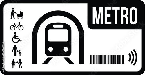 Comprehensive Black and White Vector Illustration of a Metro Transit Pass Featuring Subway Train Tunnel Icons for Accessible Urban Transportation and City Commuting Services