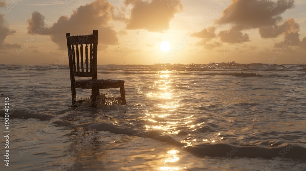 Fototapeta premium Wooden chair partially submerged in ocean water at sunset, with golden reflections on the surface and clouds in the sky creating a serene coastal scene