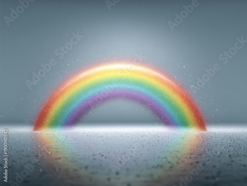 A rainbow arcs over a water surface, with numerous water droplets reflecting the colors.