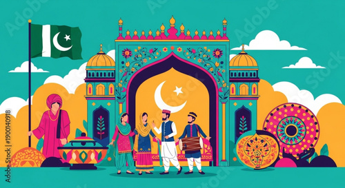 Eid celebration scene with pakistani flag and traditional archway