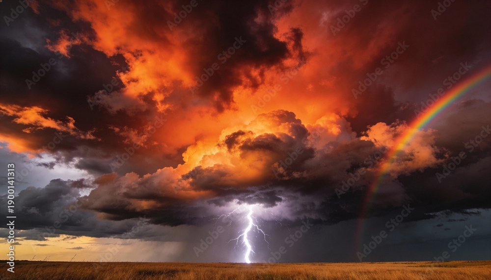 Fototapeta premium Dramatic thunderstorm with lightning and rainbow over field