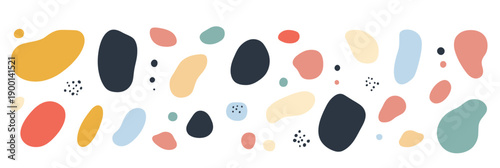 Abstract colorful blobs in organic shapes seamless pattern with pastel tones and navy accents for modern minimalist design backgrounds and banners