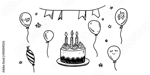 Hand drawn birthday cake with candles surrounded by balloons, party flags, and confetti sketch doodle celebration illustration in line art style