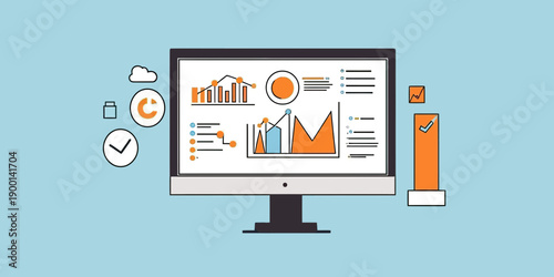 Computer screen displaying orange and blue business analytics charts and graphs with icons on light blue background flat vector illustration