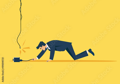 Businessman crawling on floor trying to plug power cord into broken socket with electric sparks risk of accident concept flat vector illustration