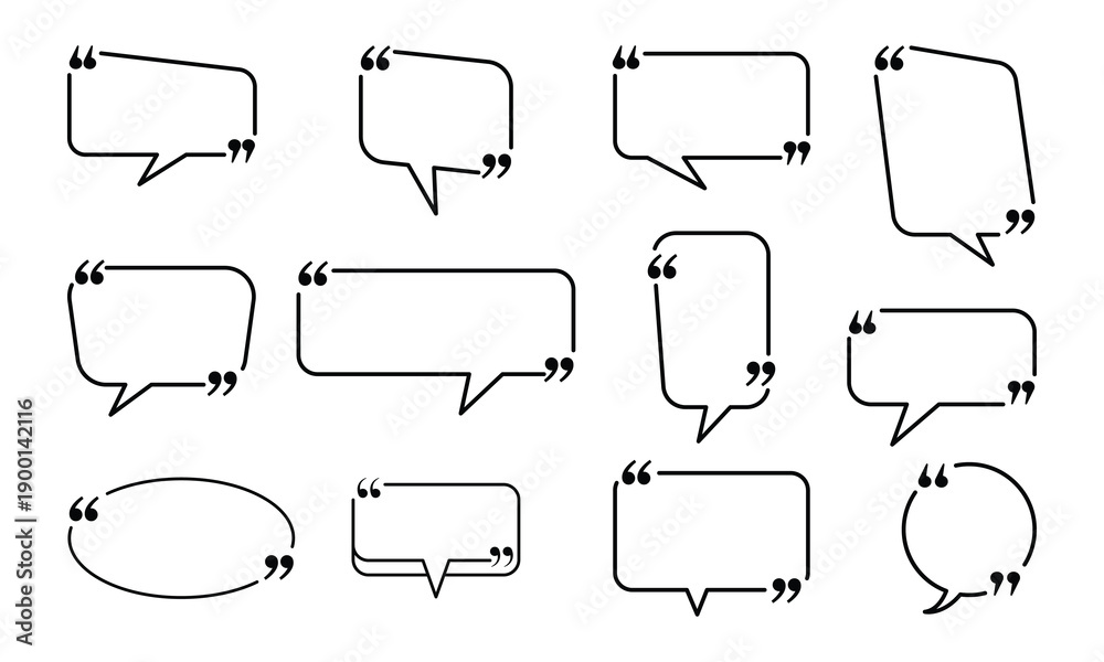 Obraz premium Collection of Outline Speech Bubbles with Quotation Marks. Quote box frame. Texting quote boxes and blank templates for text info. isolated on white background.