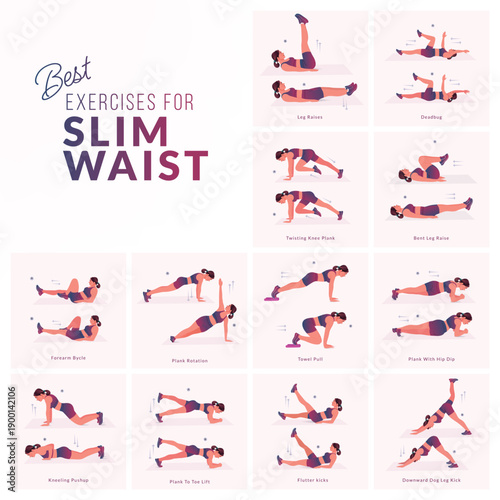 Women workout set. Women doing fitness and yoga exercises. Mountain Climbers, Flutter kicks, Plank To Toe Lift, Plank Rotation, Leg Raises, knee to elbow kickback, In and Out, Lean back hold etc