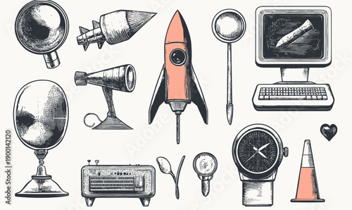 Vintage style rocket computer keyboard magnifying glass light bulb traffic cone pocket watch heart monochrome dotted halftone pop art collage vector illustration