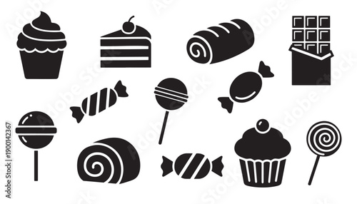 Sweet dessert and candy silhouette icon set. Bakery symbols for cupcake, chocolate bar, lollipops, and swiss rolls. Minimalist sugar treats and pastry collection.