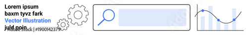 Search engine optimization, data analytics, technology tools, website performance, digital marketing, business strategy. Magnifying glass, gears and graph icons. Search engine optimization and data