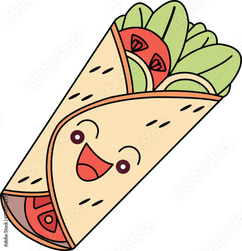 Cute animated burrito with a happy face and colorful fillings Vector, illustration