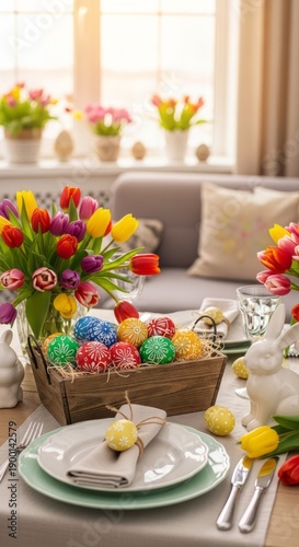 Wallpaper Mural Colorful Easter Table Setting with Flowers. Concept featuring easter, table setting, decorated eggs, tulips, spring. Torontodigital.ca