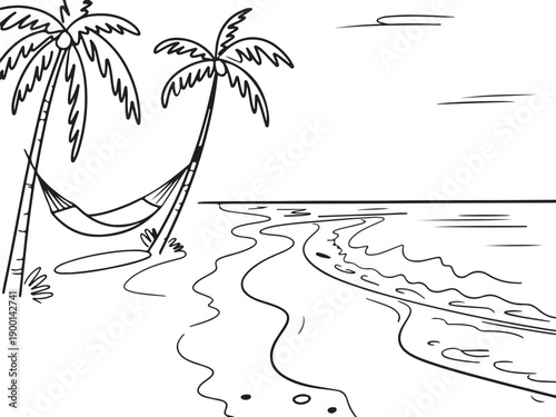 A simple hand drawn sketch shows a relaxing beach scene with a hammock between two palm trees