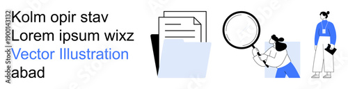 Data analysis, document management, research, office organization, business processes, efficiency. Person holding magnifying glass, examining papers and files. Research and document management theme